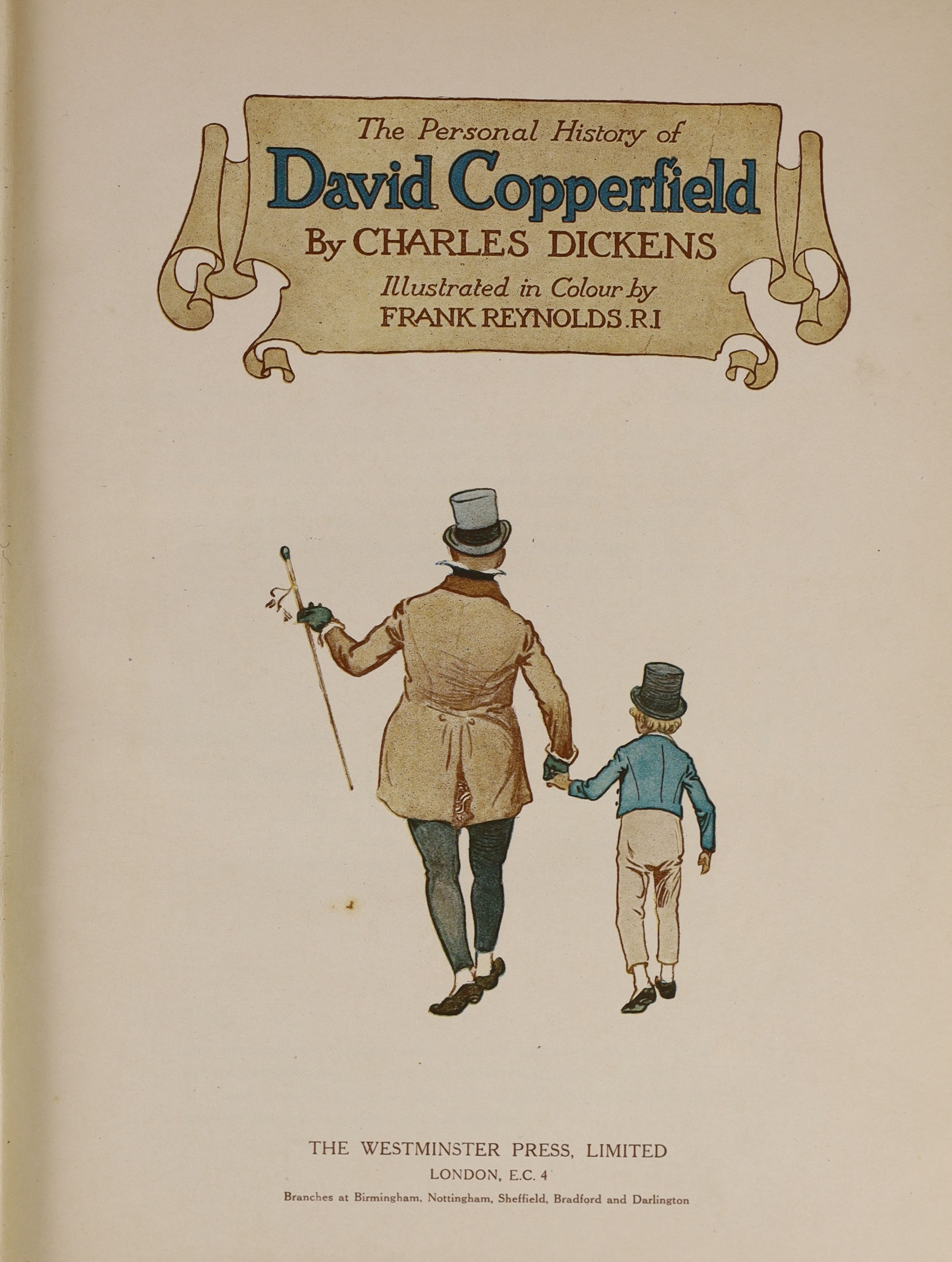 Dickens, Charles - The Personal History of David Copperfield, illustrated with 20 tipped-in colour plates by Frank Reynolds, 4to, original red buckram with silhouette portrait, Westminster Press, London, c. 1911 and Flau